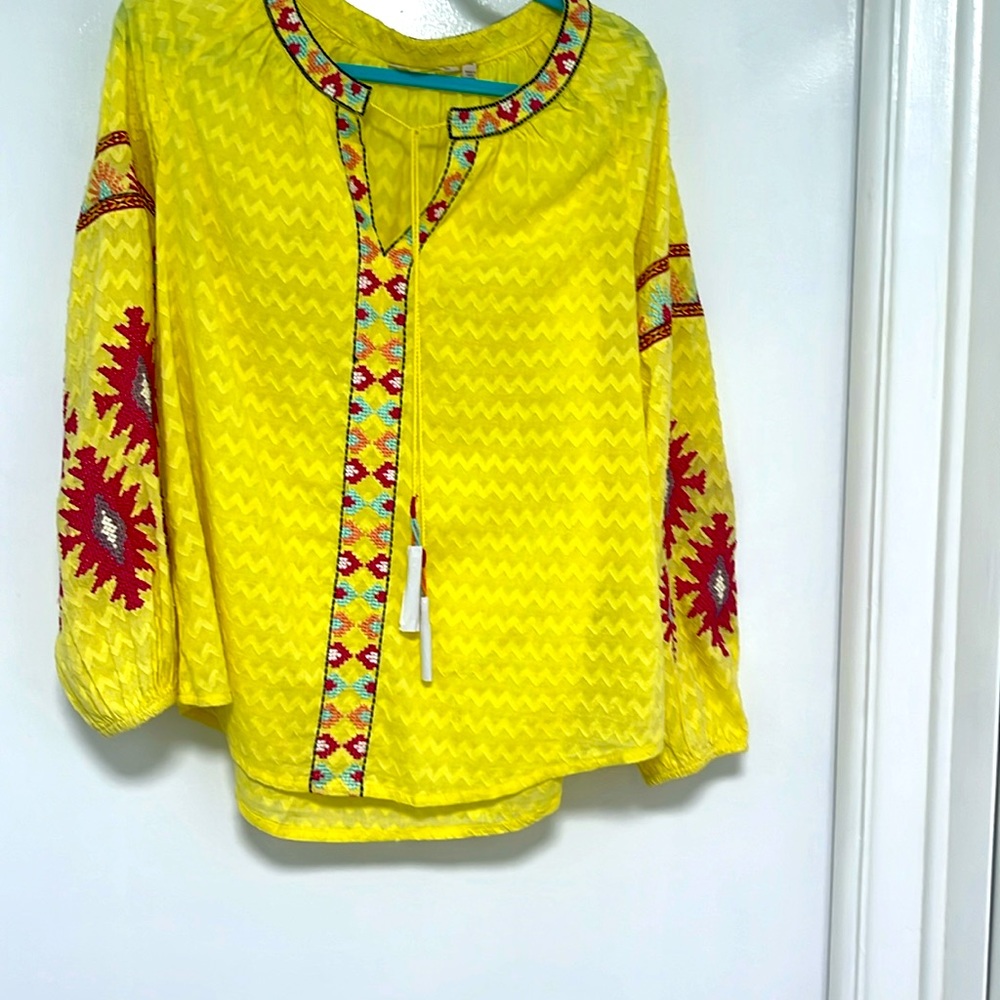 Soft Surroundings Bright Yellow Embroidered Peasant Tunic